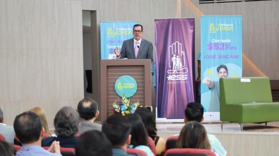 Eduardo Peña, presidente del directorio del IESS, en el lanzamiento de un programa de Afiliación Joven en Guayaquil. 
