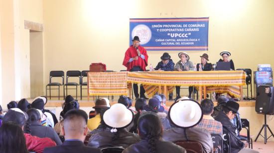 Leonidas Iza, presidente de la Conaie, en un evento sobre cooperativas indígenas en Cañar, el 1 de junio.