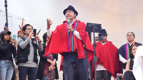 El precandidato a la Presidencia, Leonidas Iza, participó en la convención de Pachakutik, el 8 de junio.