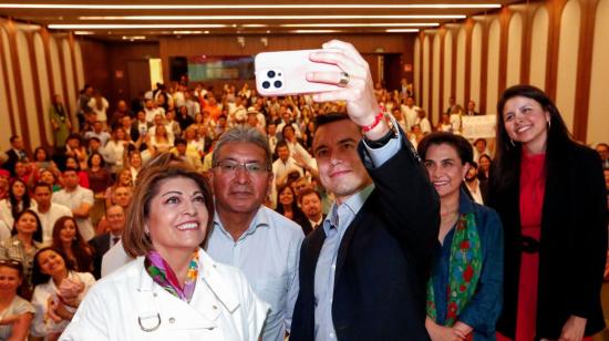 El presidente de Ecuador Daniel Noboa durante el encuentro que mantuvo con la comunidad migrante en Madrid.