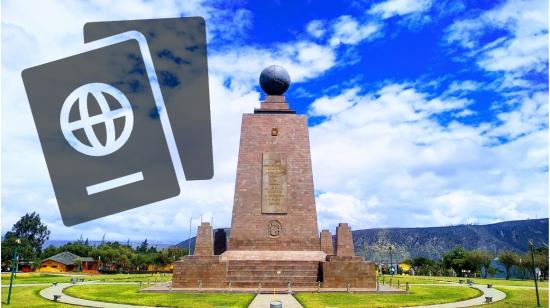 Fotografía referencial de la Mitad del Mundo en Quito con un ícono de pasaporte a su lado.