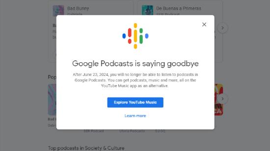Mensaje que sale el 24 de junio de 2024 desde Ecuador al acceder al sitio web de Google Podcasts.