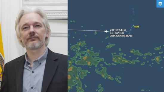 Fotografía de Julian Assange en 2014 junto a una captura de su vuelo rumbo a las Islas Marianas el 25 de junio de 2024.