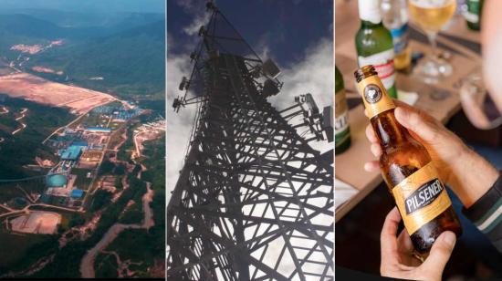 Imagen referencial de la mina Mirador, de Ecuacorriente; una antena de Conecel y una cerveza de la firma Cervecería Nacional. 