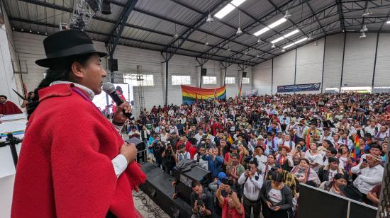 Leonidas Iza, presidente de la Conaie, durante la convención de Pachakutik, el 10 de junio, en el que fue nombrado precandidato a la Presidencia.