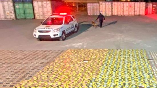 Canes de la Policía revisan contenedores en la zona de Esteros, en Guayaquil.