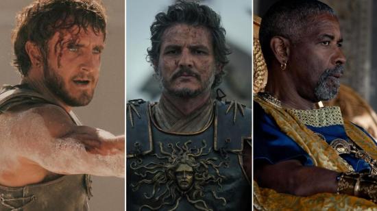 Paul Mescal (izq), Pedro Pascal y Denzel Washington, en el trailer de Gladiador II.