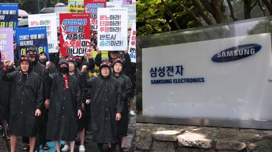 A la izquierda, trabajadores de Samsung Electronics en una huelga en la planta de Hwaseong, Corea del Sur, el 8 de julio de 2024.