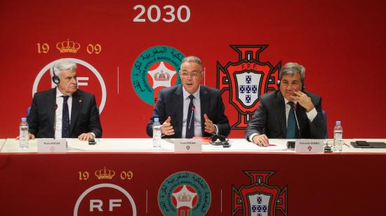 Los representantes de Marruecos, España y Portugal durante la presentación de la candidatura para el Mundial 2030 el 28 de octubre de 2023