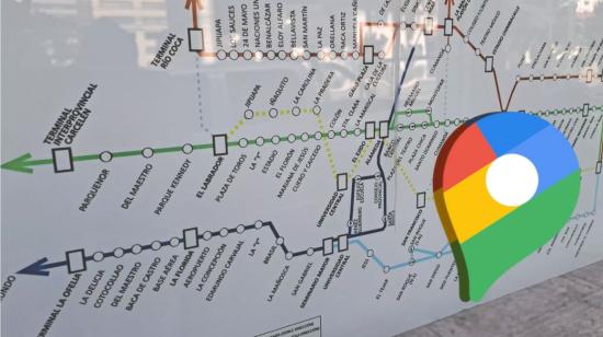Fotografía referencial de un mapa con las rutas de los transportes municipales de Quito junto al logo de Google Maps.