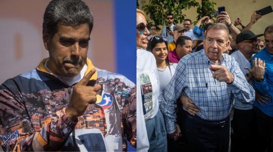 A la izquierda, el presidente de Venezuela, Nicolás Maduro, en una campaña el 18 de julio de 2024. A la derecha, el candidato opositor Edmundo González en un acto de oración el 21 de julio de 2024.