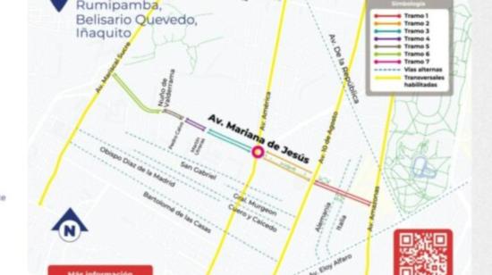 Mapa de la avenida Mariana de Jesús y las rutas alternas mientras duren los trabajos que inician el 1 de agosto de 2024.