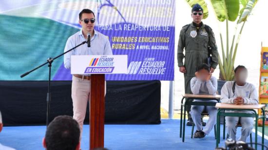 El presidente Daniel Noboa da un discurso en Machala, El Oro, el 31 de julio de 2024.