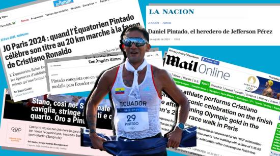 Ilustración de una fotografía de Daniel Pintado sobre titulares de la prensa internacional sobre su oro olímpico en Paris 2024.