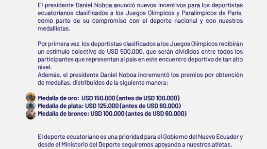 Comunicado del Ministerio de Deporte sobre el aumento de estímulos económicos para medallistas por parte de Ecuador, este 1 de agosto de 2024.