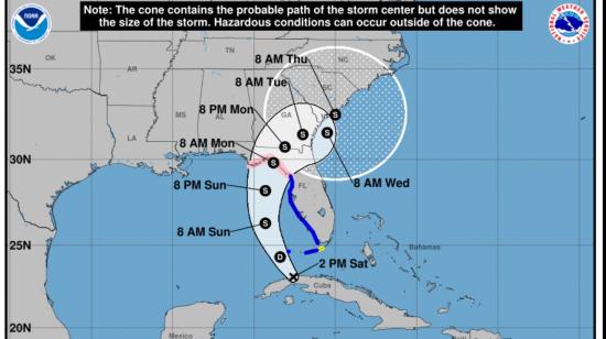 Trayectoria de la tormenta tropical Debby, que levantó la alerta de huracanes en Florida, Estados Unidos.