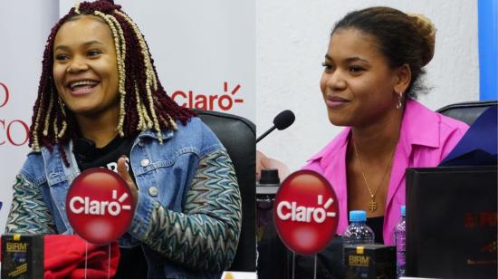 Neisi Dajomes y Angie Palacios durante una rueda de prensa en la Concentración Deportiva de Pichincha, 12 de agosto de 2024.