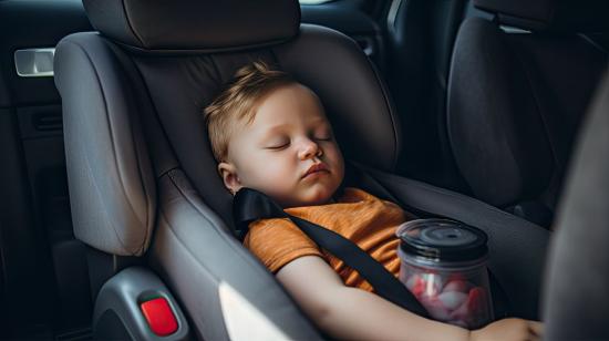 Niño durmiendo en asiento de vehículo.