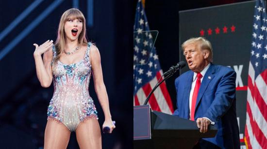 A la izquierda, la artista estadounidense Taylor Swift en un concierto en Lisboa, el 24 de mayo de 2024. A la derecha, el candidato republicano Donald Trump en un mitin político en Carolina del Norte, el 14 de agosto del mismo año.