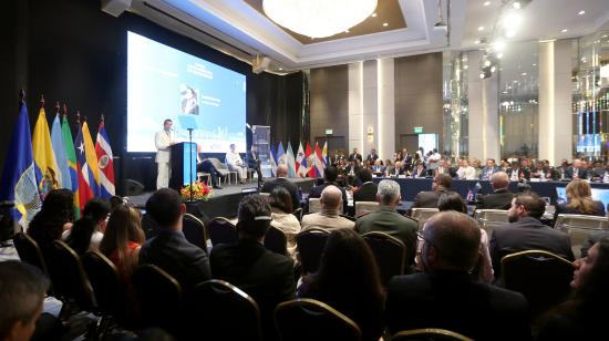 El presidente de la República, Daniel Noboa, en su discurso de inauguración de la cumbre de ministros de seguridad de América Latina, este lunes 19 de agosto de 2024 en Guayaquil.