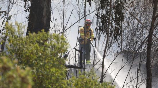 Un bombero realiza labores de enfriamiento de un incendio forestal en el sector La Cima de La Libertad, en Quito, este 26 de agosto de 2024.