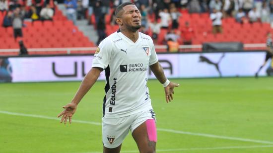 Luis Estupiñán celebra su gol con Liga de Quito, el 25 de agosto de 2024.