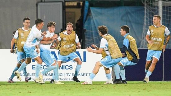 Jugadores de San Marino celebrando su gol, 5 de septiembre de 2024.