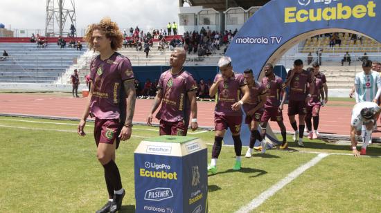 Jugadores de Mushuc Runa, previo a un partido por LigaPro, el 24 de agosto de 2024.