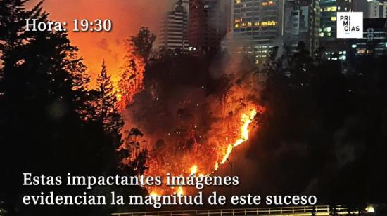 El norte de Quito enfrenta un incendio forestal de grandes proporciones este martes, 24 de septiembre de 2024. Según el alcalde de la ciudad, Pabel Muñoz, las llamas se originaron, pasado el mediodía, en una quebrada, a la altura de la intersección de las avenidas Simón Bolívar y Los Conquistadores, en la bajada a Cumbayá.