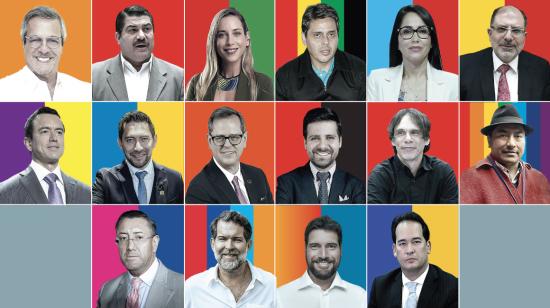 Composición fotográfica de los 16 aspirantes a Carondelet inscritos para las elecciones de 2025, por orden de lista.