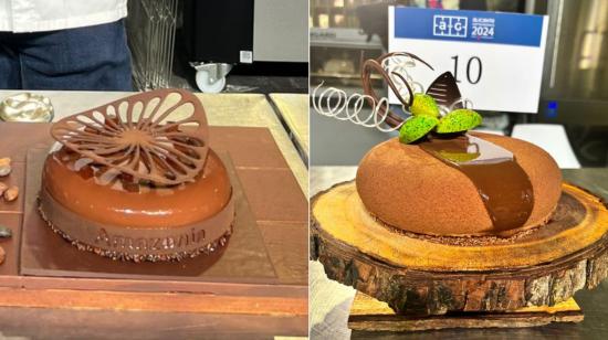 Creación de Pachi Larrea (izq), primer lugar del premio internacional de alta pastelería Paco Torreblanca; y la obra de Juan Sarango, que ingresó al Top 10 del mismo certamen.