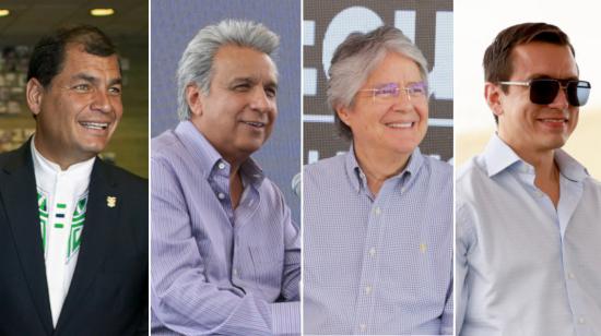 Imagen referencial de los presidentes Rafael Correa, Lenin Moreno, Guillermo Lasso y Daniel Noboa.