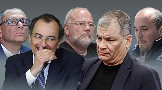 De izq. a der. Jorge Glas, Carlos Pólit, Carlos Pareja Yannuzzelli, Rafael Correa y Álex Bravo, parte de los sentenciados por corrupción que deben reparaciones al Estado.