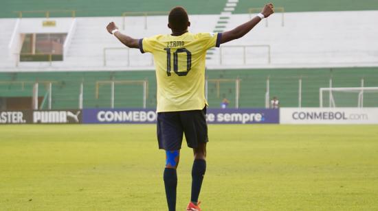 Justin Lerma festeja un gol con Ecuador en el Sudamericano Sub 15, el miércoles 16 de octubre de 2024.