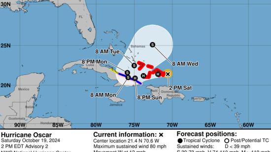 Fotografía cedida este sábado por la Oficina Nacional de Administración Oceánica y Atmosférica (NOAA) a través del Centro Nacional de Huracanes (NHC) estadounidense donde se muestra la localización de la tormenta tropical Oscar en el Atlántico. La tormenta tropical Oscar se convirtió este sábado en un huracán de categoría 1 en las Islas Turcas y Caicos y en el sureste de Bahamas, informó el Centro Nacional de Huracanes.