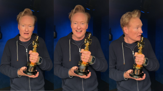 Compilación de capturas de pantalla de un video publicado por la Academia en la que se anuncia que el comediante Conan O'Brien presentará los próximos premios Oscar, el 15 de noviembre de 2024.