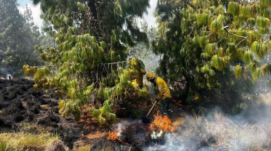 Personal de bomberos combaten el incendio en el Parque Nacional Cajas, cerca de Cuenca.