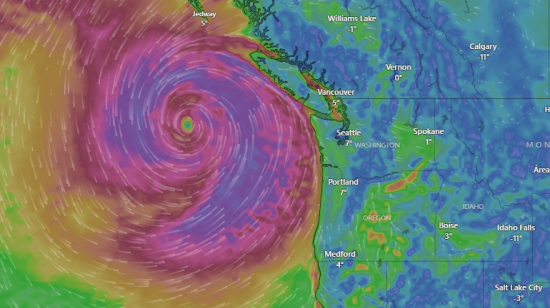 Captura de pantalla en la que se ve la intensidad del viento de un "ciclón bomba" que se acerca a la costa noroeste de Estados Unidos, especialmente a los estados de Washington y Oregon, el 20 de noviembre de 2024.