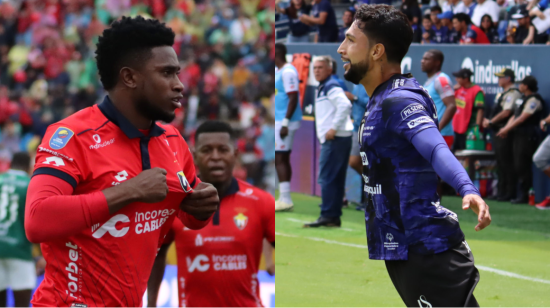 Jonathan Borja, de El Nacional, y Jeison Medina, de Independiente del Valle, celebran un gol.