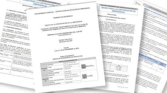 Imagen referencial de los documentos del proceso de contratación de una barcaza de generación eléctrica por Elecaustro, el 30 de noviembre de 2024.