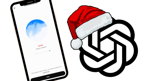 Composición que muestra un celular corriendo ChatGPT con la voz de Santa seleccionada, junto al logo del chatbot con un gorro navideño.