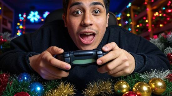 Fotografía generada artificialmente que muestra a un gamer en medio de decoraciones navideñas.