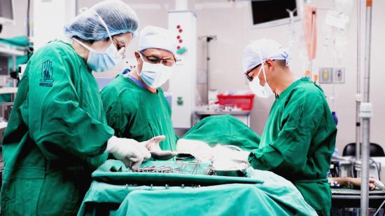 Tres profesionales de salud del Hospital Carlos Andrade Marín del IESS, en Quito, realizan una operación de trasplante. Foto archivo de 2024.