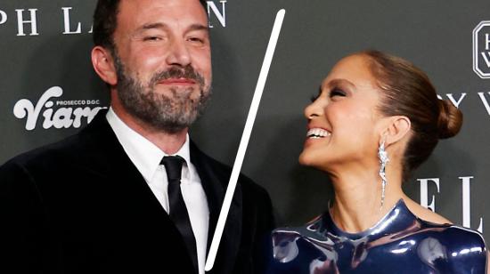 Ben Affleck y Jennifer Lopez durante el evento ELLE's Women, en Hollywood, en diciembre de 2023. La línea en la mitad fue añadida ante la noticia de su divorcio.