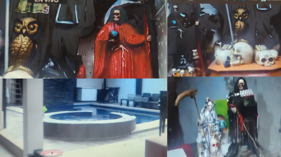 Los objetos encontrados en la vivienda allanada en Durán, que tenía un altar de la 'santa muerte' y piscina, durante el operativo ejecutado el 8 de enero de 2024.