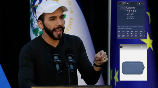 El presidente de El Salvador, Nayib Bukele, en una imagen de archivo. A la derecha, los mensajes que compartió en redes sociales.