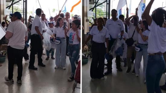 Simpatizantes del candidato a asambleísta por el movimiento RETO, Omar Maluk, hacen proselitismo en un mercado de Guayaquil, el 12 de enero del 2025.