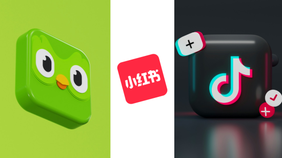 Composición visual que muestra los logos de la app estadounidense de aprendizaje de idiomas, Duolingo, junto a las apps chinas de redes sociales Xiaohongshu (RedNote) y TikTok.