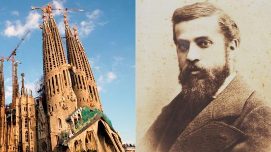 Composición que muestra la basílica de la Sagrada Familia en Barcelona junto a un retrato del arquitecto español Antoni Gaudí.