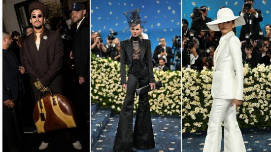 El cantante puertorriqueño Bad Bunny (izq), el productor de teatro Jordan Roth y la actriz y modelo Zendaya en el Met Gala 2025.
